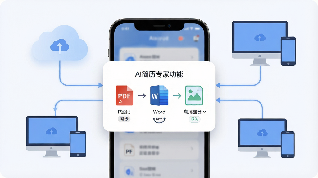 一张展示AI简历专家多格式导出与云端同步功能的场景图,主体是手机屏幕显示导出格式选择弹窗,包含PDF、Word、图片等选项,背景中漂浮着云朵图标和多台设备图标,布局为居中弹窗加四周元素环绕,排版简洁明了,风格为柔和圆角扁平化设计,细节包括格式图标、同步箭头、设备连接线,画质高清,画面干净,无多余元素