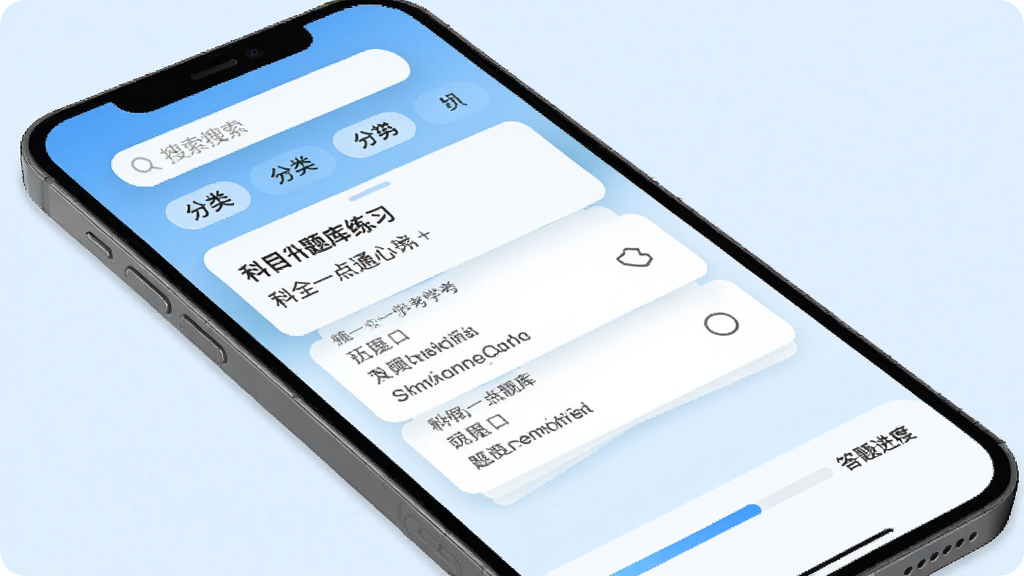安全一点通驾考学习软件主界面展示,手机屏幕中呈现科目一题库练习页面,顶部有搜索框和分类标签,中间是题目与选项卡片,底部有答题进度条,背景为清爽浅蓝色渐变,风格简洁现代,细节清晰,画质干净,无多余元素