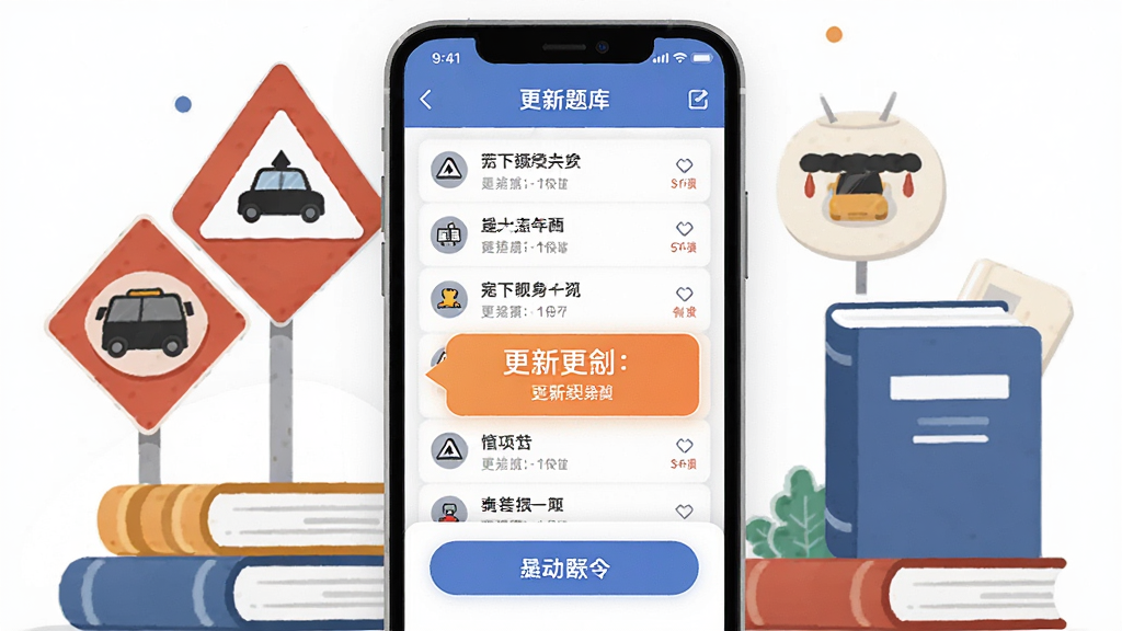 安全一点通题库更新界面,画面中央是手机屏幕显示题目列表和更新提示,旁边有交通标志和书籍元素环绕,布局居中对称,风格扁平化插画,细节丰富,画质清晰,无多余元素