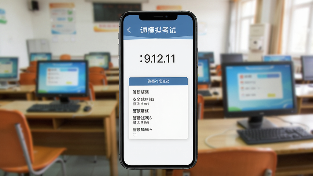 安全一点通模拟考试界面,手机屏幕显示考试倒计时和答题卡,背景有考场座椅和电脑的虚化元素,风格写实与扁平结合,布局突出手机主体,细节清晰,画质干净,无多余元素