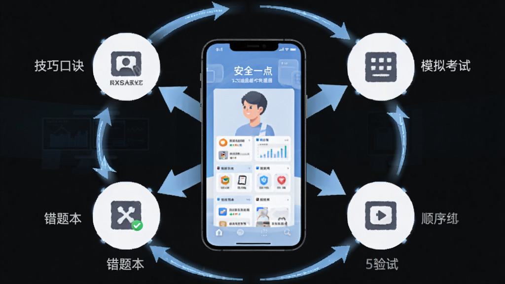 安全一点通功能操作流程图,画面以手机为中心,四周用箭头连接顺序练习、模拟考试、错题本、技巧口诀等模块图标,布局环形放射状,风格信息图表,细节清晰,画质干净,无多余元素