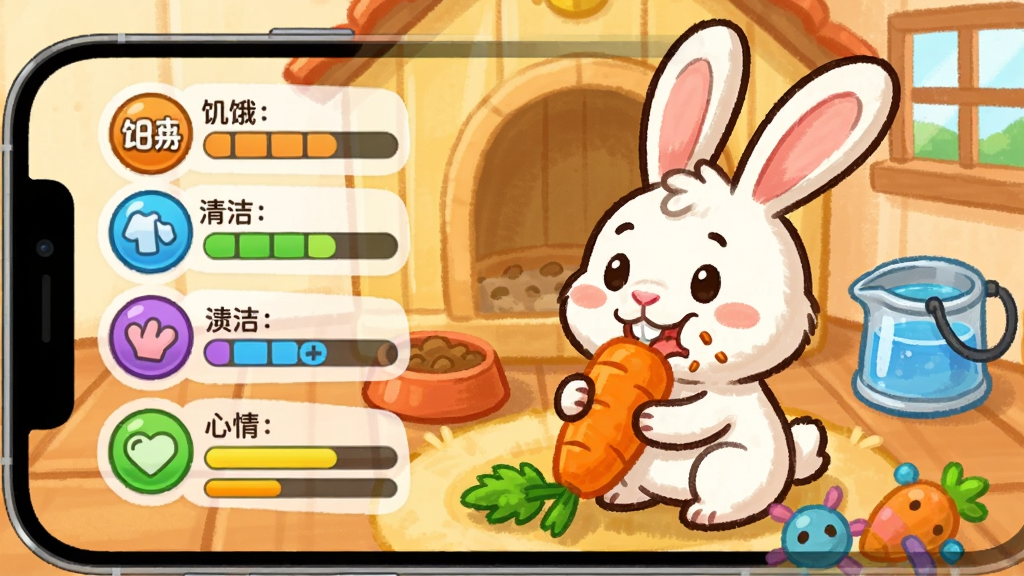 手机电子萌宠养成界面展示,画面中一只卡通兔子正在吃胡萝卜,旁边有四个圆形状态图标分别显示饥饿、清洁、心情、健康数值,背景为温馨的宠物小屋场景,有食盆、水壶、玩具散落地面,风格为明快卡通手绘,细节包括宠物咀嚼动作、状态条颜色变化、经验值进度条,画质清晰,无多余装饰元素