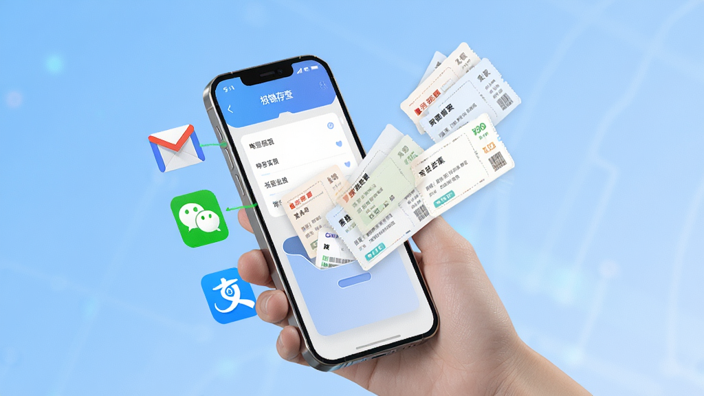 一张展示电子发票报销存查智能归集功能的场景图,画面中一只手拿着手机,手机屏幕上显示着电子发票报销存查应用正在从多个来源(邮箱、微信、支付宝图标)自动抓取发票文件,发票以卡片形式飞入手机屏幕中的收纳盒,背景是柔和的科技蓝渐变,画面风格简洁明快,画质清晰,干净无多余元素
