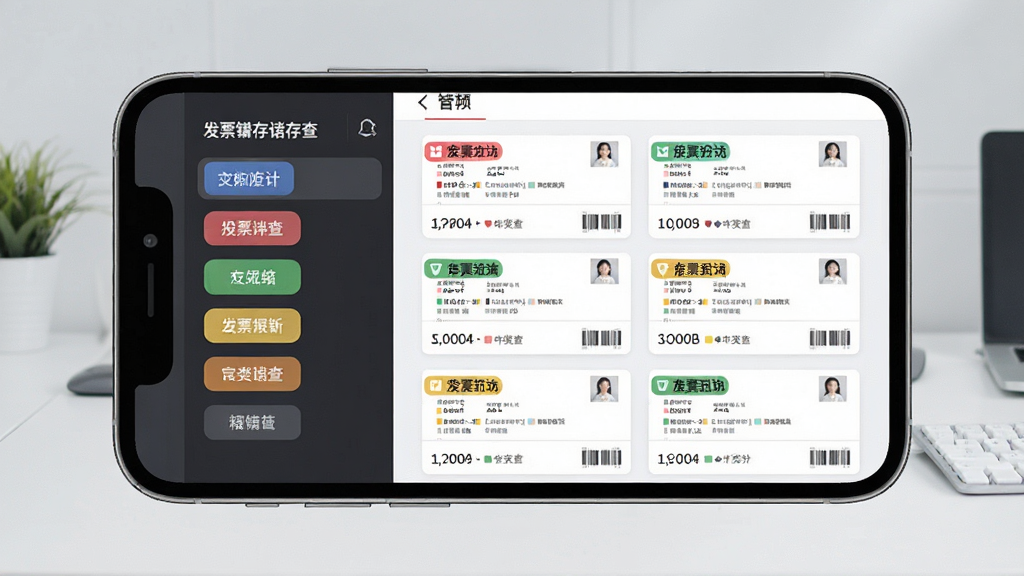 一张展示电子发票报销存查分类存储功能的界面截图风格图,画面中手机屏幕显示着电子发票报销存查应用的分类管理页面,左侧是标签列表,右侧是发票缩略图网格,不同类别的发票用彩色标签区分,界面清爽,背景为浅灰色办公环境,画质清晰,干净无多余元素