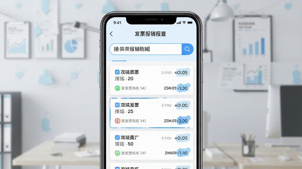 一张展示电子发票报销存查快速检索功能的示意图,画面中手机屏幕显示着电子发票报销存查应用的搜索界面,搜索框内输入了关键词,下方实时显示出匹配的发票列表,每张发票旁有高亮标记,背景是干净的白色与浅蓝色调,风格简约商务,画质清晰,无多余元素