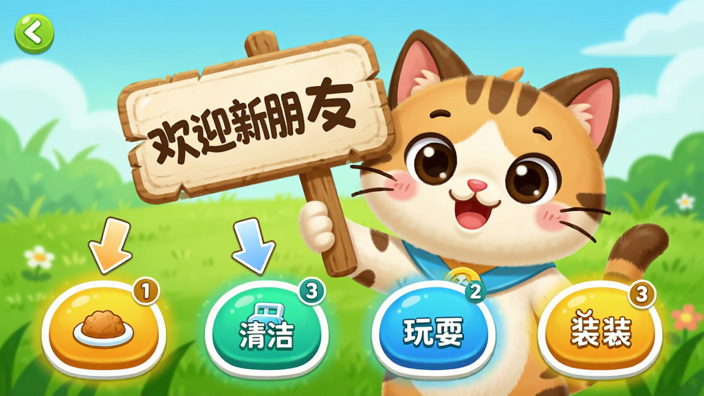 手机电子萌宠新手操作指引界面,画面中一只卡通猫咪举着指示牌,牌子上写着