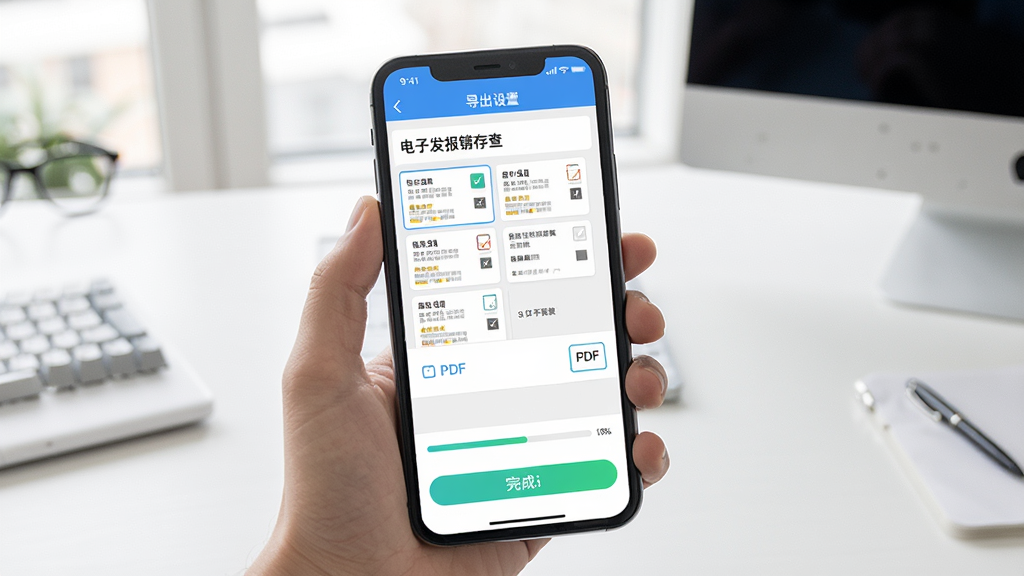 一张展示电子发票报销存查一键导出功能的界面图,画面中手机屏幕显示着电子发票报销存查应用的导出设置页面,用户正在勾选多张发票并选择导出为PDF格式,屏幕下方有进度条和完成提示,背景是简洁的办公桌面,风格现代清爽,画质清晰,干净无多余元素