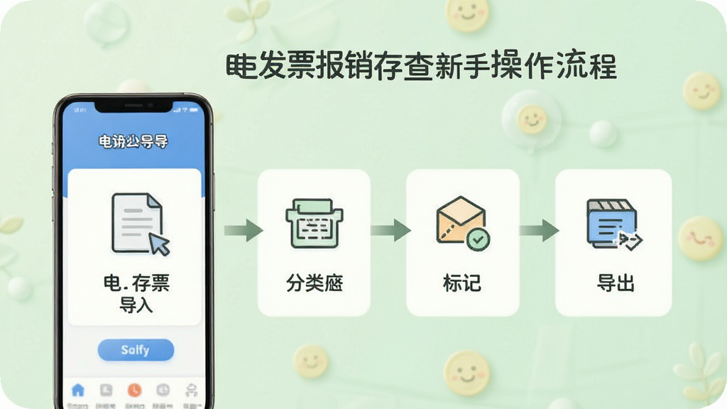 一张展示电子发票报销存查新手操作流程的示意图,画面中手机屏幕显示着电子发票报销存查应用的操作引导页面,分步骤展示导入、分类、标记、导出四个环节,每一步配有简洁图标和文字说明,背景是柔和的浅绿色调,风格清新友好,画质清晰,无多余元素