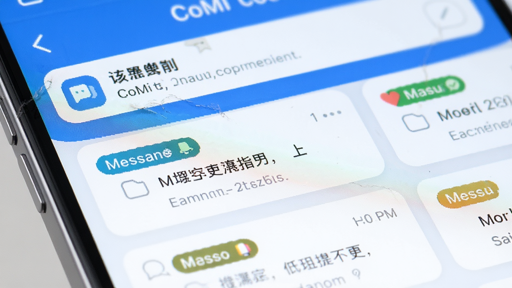 CoMi应用的消息中心界面特写,屏幕上排列着多条带有不同颜色标签的消息卡片,顶部有置顶通知,界面风格清爽现代,蓝白配色,干净无杂乱元素,高清画质