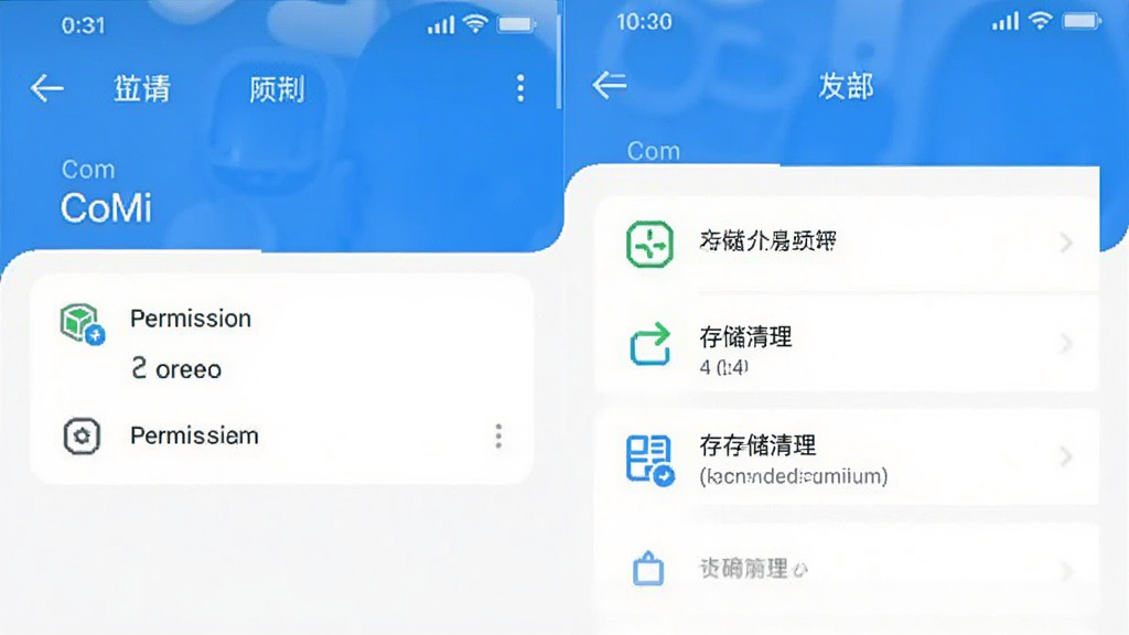 CoMi应用在手机上的设置界面截图,展示权限管理和存储清理选项,界面简洁,蓝白配色,高清画质,干净无多余元素