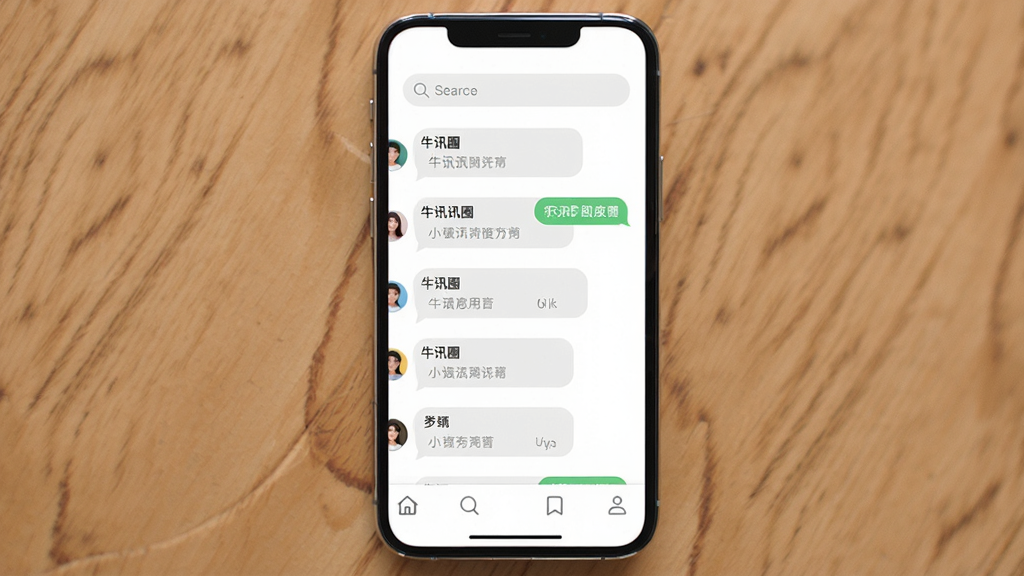 牛讯圈应用主界面展示,主体为一部智能手机屏幕,屏幕中显示牛讯圈聊天列表页面,布局为顶部搜索栏加下方多个聊天对话框,排版整齐,风格为现代简约扁平化设计,细节包括圆形头像、消息气泡、底部导航栏图标,画质高清,干净,无多余元素