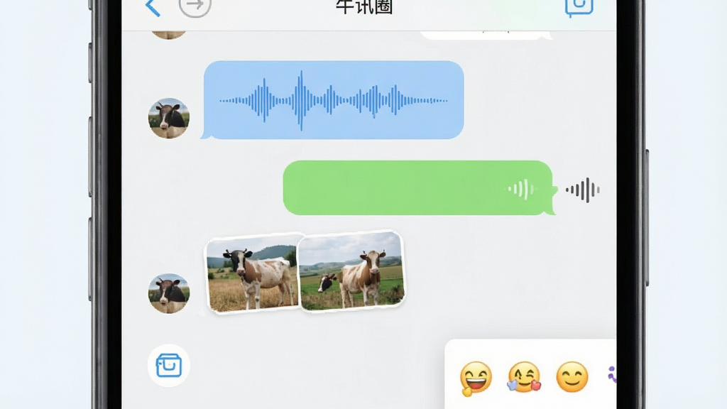 牛讯圈即时聊天功能展示,主体为手机屏幕中的聊天对话框,布局为左右气泡对话形式,排版上下排列,风格为清新浅色系,细节包括语音消息波形图、图片缩略图、表情面板,画质高清,干净,无多余元素