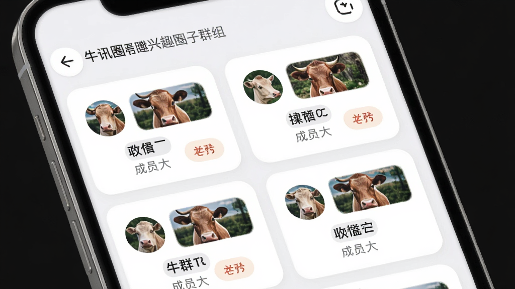 牛讯圈兴趣圈子群组页面,主体为手机屏幕显示群组列表,布局为卡片式排列,排版每行两个群组卡片,风格为柔和圆角设计,细节包括群组头像、群名称、成员数量标签,画质高清,干净,无多余元素