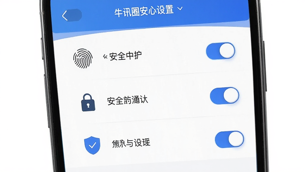 牛讯圈隐私安全设置界面,主体为手机屏幕显示安全中心页面,布局为纵向功能列表,排版每项功能带图标和开关按钮,风格为简约商务风格,细节包括指纹图标、锁形图标、盾牌图标,画质高清,干净,无多余元素