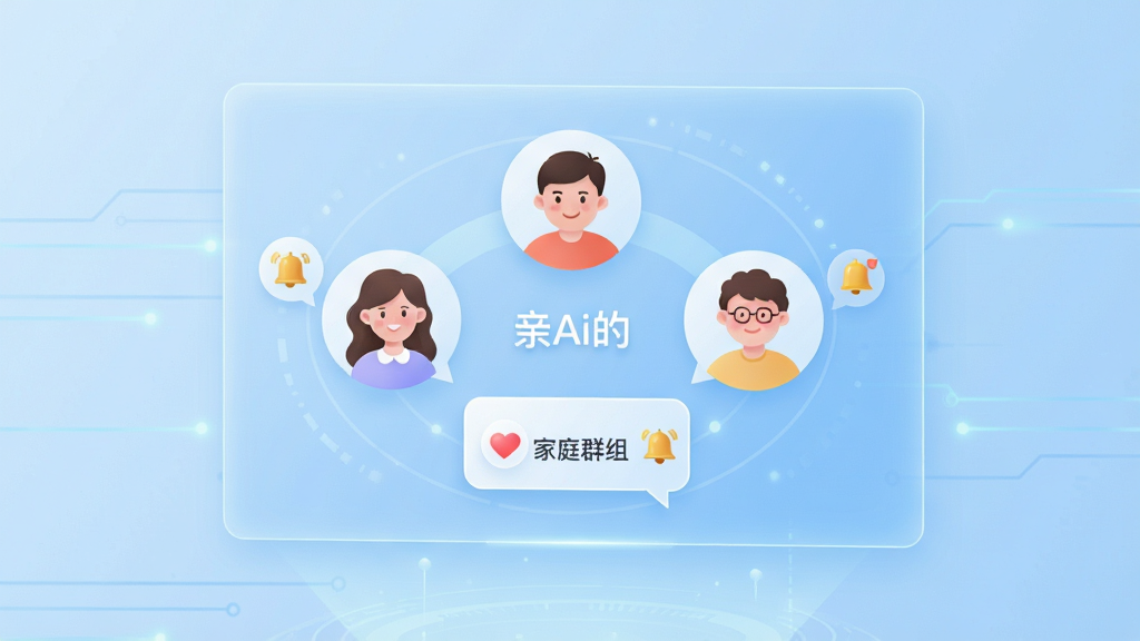 画面主体是一块悬浮的全息投影屏幕,屏幕上展示三个家庭成员的圆形头像与对话气泡,布局采用居中环绕式排版,背景为浅蓝色渐变科技风,风格为现代简约数字插画,细节包括气泡内的爱心图标与提醒铃铛,画质为8K超清,干净无多余元素,画面中显示文字“亲Ai的”和“家庭群组”