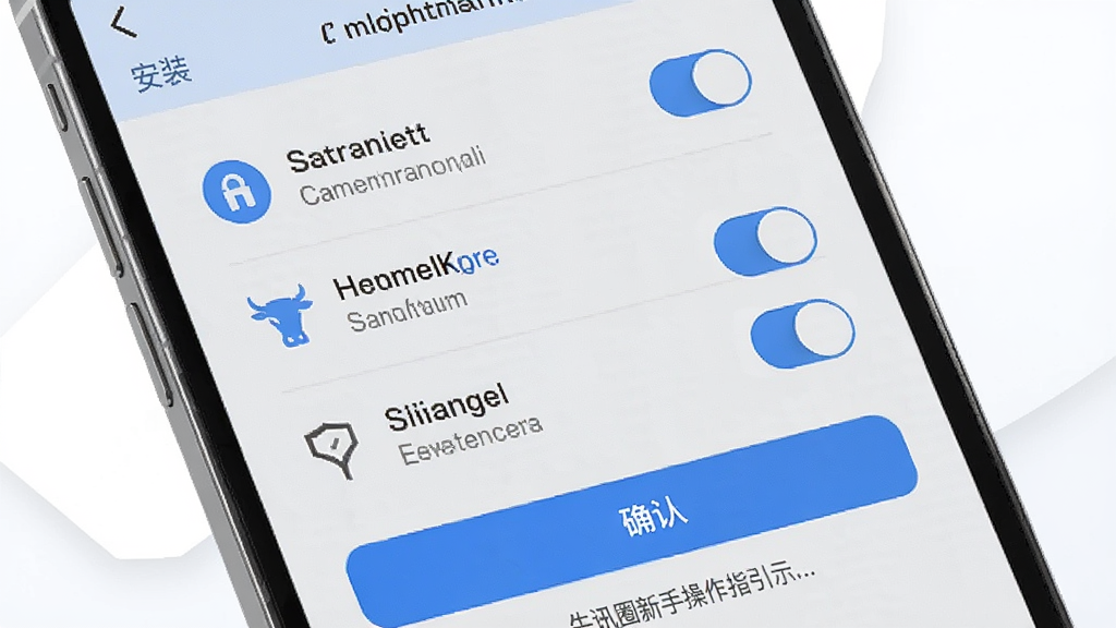 牛讯圈新手操作指引示意图,主体为手机屏幕显示安装权限设置页面,布局为纵向选项列表,排版每项带开关按钮和说明文字,风格为浅灰质感风格,细节包括权限图标、确认按钮、提示文字,画质高清,干净,无多余元素