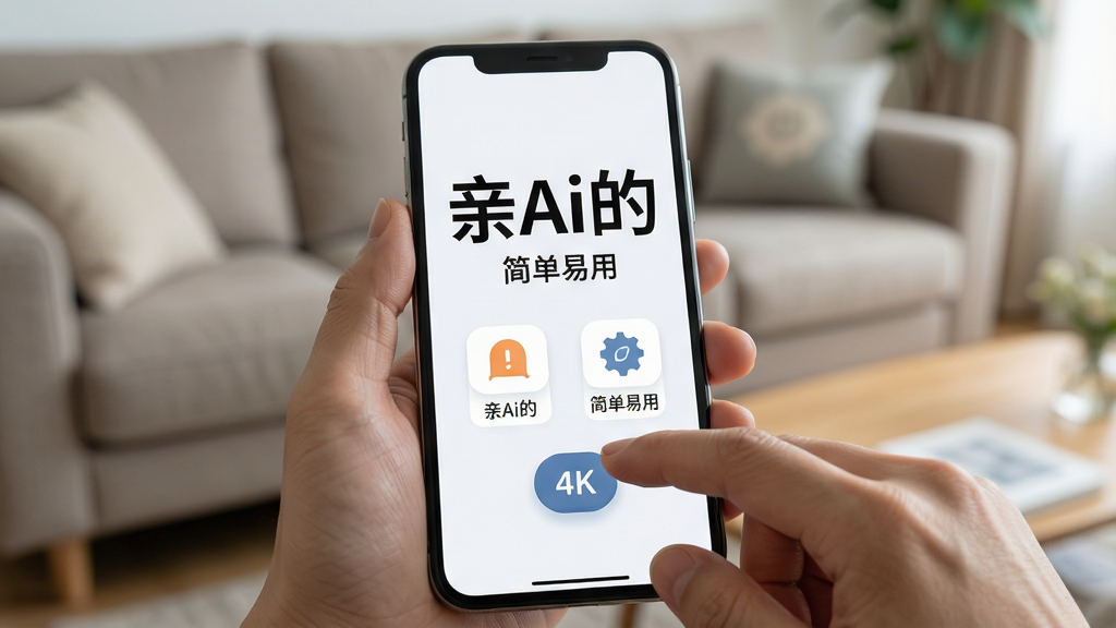 画面主体是一双手持握智能手机,屏幕上显示大号字体与简洁图标的主界面,布局为第一人称视角特写,背景为虚化的客厅沙发环境,风格为适老化产品展示摄影,细节包括手指点击悬浮按钮的动作与清晰的文字标签,画质为4K超清,干净无多余元素,画面中显示文字“亲Ai的”和“简单易用”