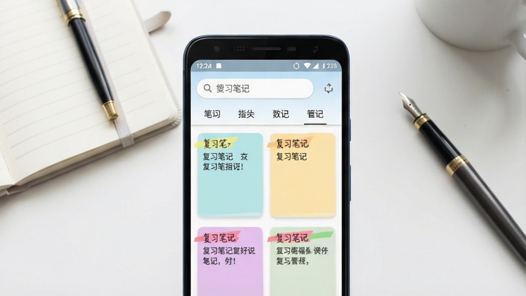 一张展示复习笔记手机应用主界面的图片,画面中央是一部安卓手机,屏幕显示复习笔记的笔记列表页面,上方有搜索栏和分类标签,下方排列着彩色标记的笔记卡片,背景是干净的书桌场景,有笔记本和钢笔点缀,整体风格清新简约,画质清晰,文字内容显示“复习笔记”字样,无多余元素