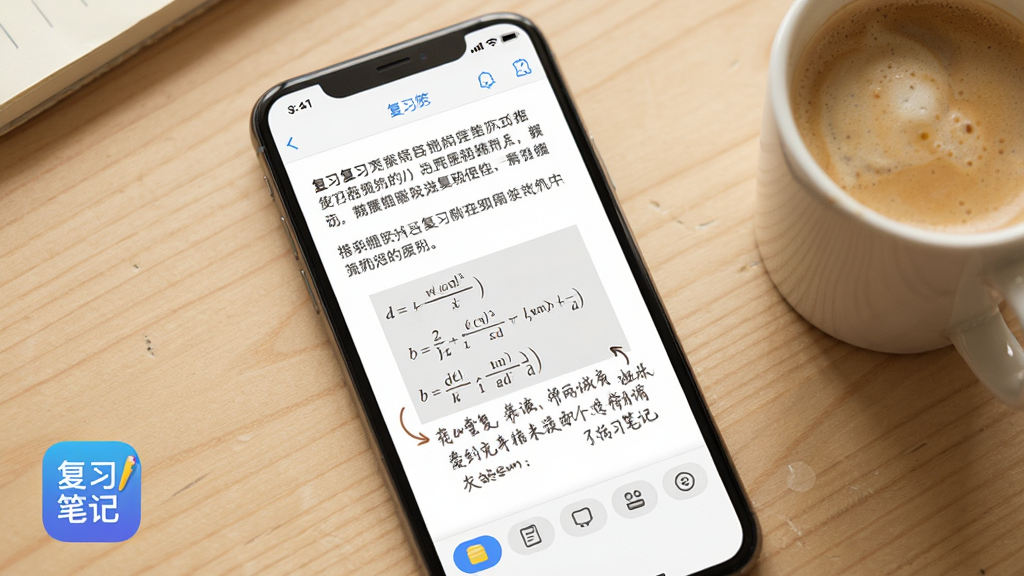 一部手机屏幕显示复习笔记的编辑界面,画面中有文字段落、一张数学公式图片和手写标注痕迹,界面底部有标签选择按钮,背景是浅色木纹桌面,旁边放着一杯咖啡,整体色调温暖柔和,画质细腻干净,图片中带有“复习笔记”应用图标