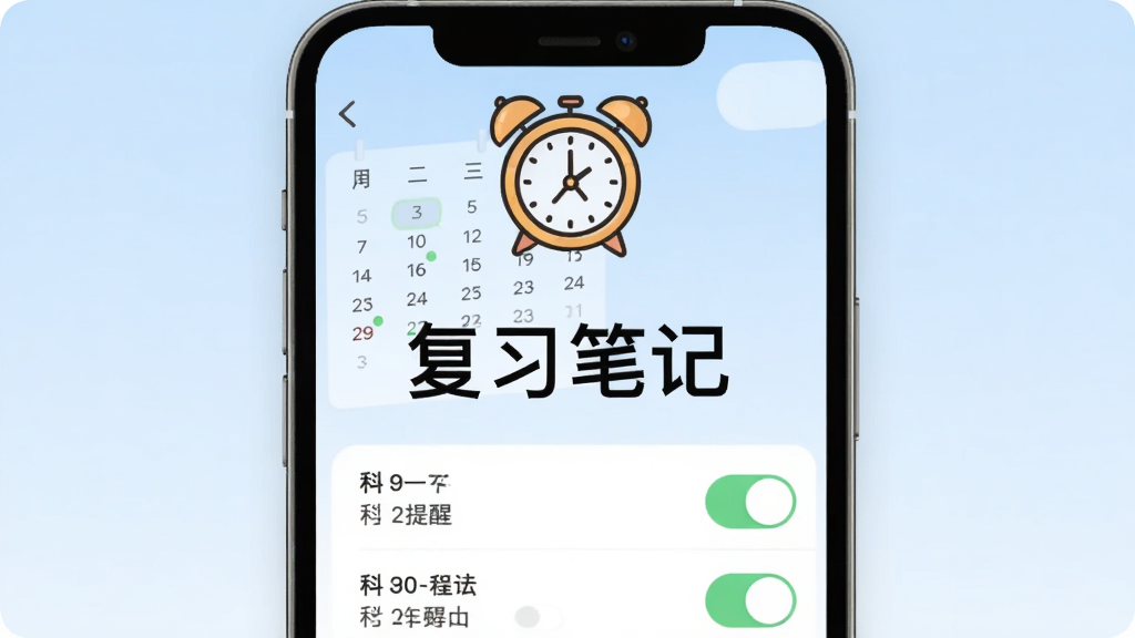 手机屏幕展示复习笔记的提醒设置页面,界面中有日历视图和多个科目提醒开关,一个卡通风格的小闹钟图标悬浮在屏幕上方,背景是简洁的浅蓝色渐变,画面中央有“复习笔记”文字标识,风格扁平化,画质干净清晰