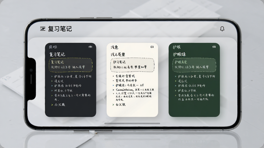 手机屏幕展示复习笔记的主题切换界面,画面中有深色、浅色、护眼绿三种主题预览卡片,每张卡片上显示不同的笔记排版样式,背景是柔和的灰色调,整体风格精致整洁,图片中带有“复习笔记”应用名称,画质高清无杂质