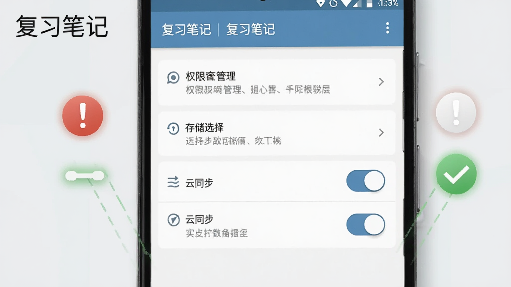 一部安卓手机屏幕显示复习笔记的设置页面,画面中有权限管理、存储选择、云同步开关等选项,旁边有一个红色感叹号图标和绿色对勾图标分别标注注意事项,背景是淡灰色,整体风格简洁明了,画质清晰,图片中带有“复习笔记”文字
