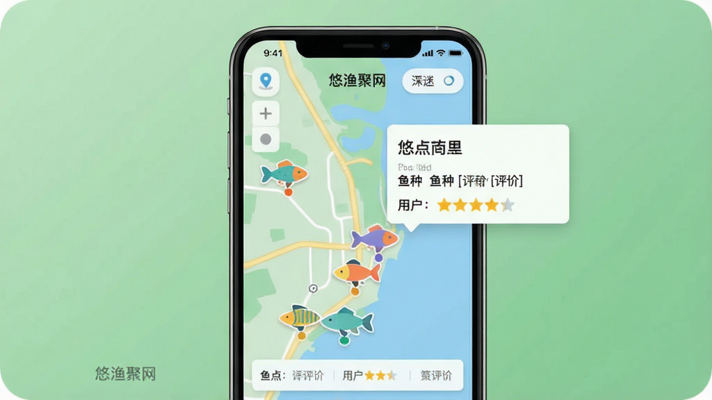 一张展示“悠渔聚网”钓点地图功能的图片,画面主体为手机屏幕上的地图界面,地图中分布多个彩色鱼形标记点,点击标记弹出钓点详情卡片,显示钓点名称、鱼种和用户评价。布局为手机正面展示,背景为柔和绿色调,风格现代扁平化,细节包括定位图标、筛选按钮和星级评分,画质清晰,干净,无多余元素。