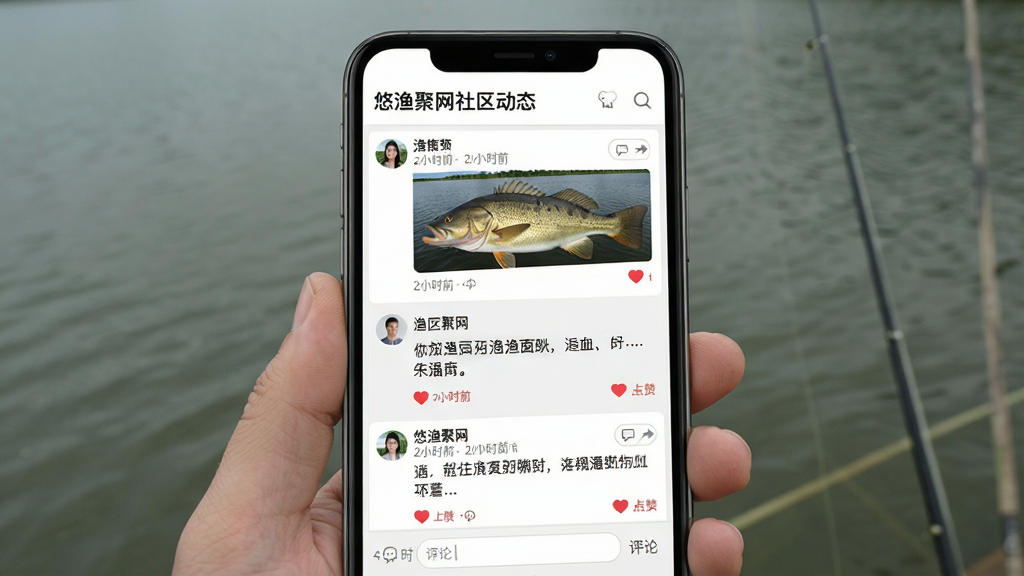一张展示“悠渔聚网”社区动态页面的图片,画面主体为手机屏幕,信息流中显示多条钓友发布的渔获图文,包含大鱼照片、文字描述和互动按钮。布局为垂直列表展示,背景为白色与浅灰交替,风格简约明快,细节包括用户头像、发布时间、点赞红心和评论输入框,画质清晰,干净,无多余元素。
