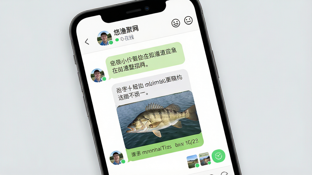 一张展示“悠渔聚网”私信聊天界面的图片,画面主体为手机屏幕,聊天窗口中显示两位钓友的对话气泡,内容包含文字和一张鱼获照片,顶部显示对方昵称与在线状态。布局为手机正面特写,背景为浅灰色,风格干净清爽,细节包括发送按钮、表情图标和图片缩略图,画质清晰,干净,无多余元素。