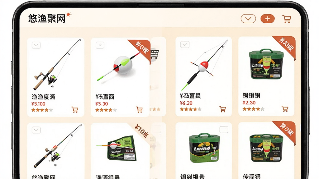一张展示“悠渔聚网”渔具商城页面的图片,画面主体为手机屏幕,商品列表以网格形式展示鱼竿、浮漂、饵料等渔具,每个商品卡片包含图片、名称、价格和评分。布局为双列网格,背景为暖白色,风格电商化简洁,细节包括购物车图标、筛选标签和促销角标,画质清晰,干净,无多余元素。