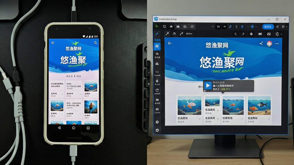 一张展示“悠渔聚网”在安卓手机与电脑模拟器上同时运行的对比图片,画面左侧为手机实机演示,右侧为电脑模拟器窗口,两者均显示悠渔聚网主界面。布局为左右并排,背景为深色桌面与浅色手机壳,风格科技感,细节包括数据线连接、模拟器控制栏和同步消息提示,画质清晰,干净,无多余元素。