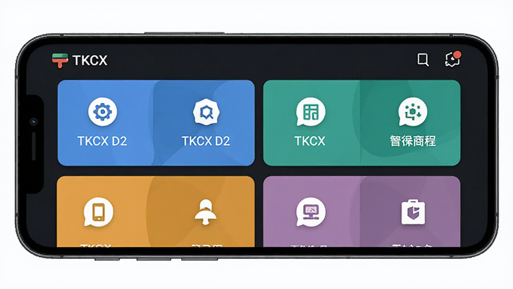 手机屏幕展示 TKCX D2 软件界面,界面分为几个清晰的功能区块,主体为手机正面,布局居中,风格为现代扁平化 UI 设计,细节包含图标与文字标签,画质清晰干净无多余元素