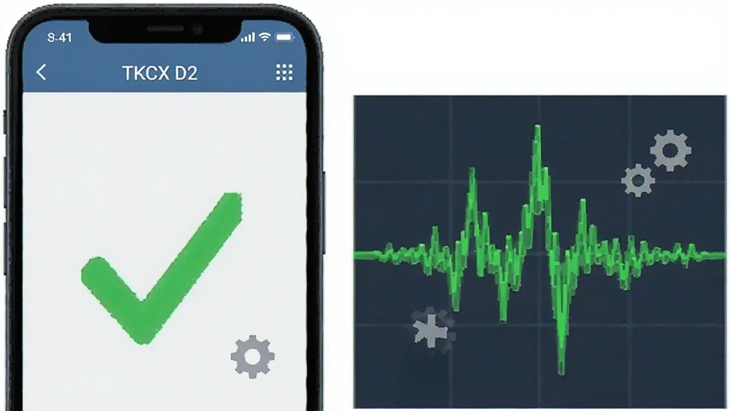 一部手机稳定运行 TKCX D2 软件,屏幕显示绿色稳定运行标识,主体为手机与稳定波形图,布局左右排列,风格科技感扁平设计,细节包含对勾与齿轮图标,画质清晰干净无多余元素