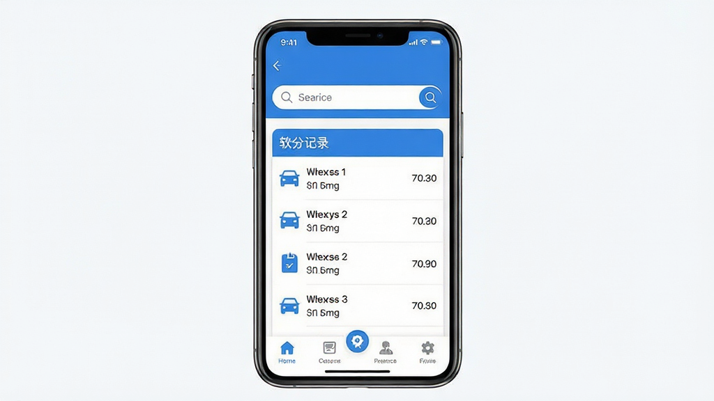 交通违章扣分指南软件主界面展示,主体为一部智能手机屏幕显示违章查询页面,布局为上方搜索框、中间扣分记录列表、底部功能导航栏,排版清晰整齐,风格为现代简约扁平化设计,细节包括蓝色主色调、白色背景、图标简洁明了,画质高清干净无多余元素