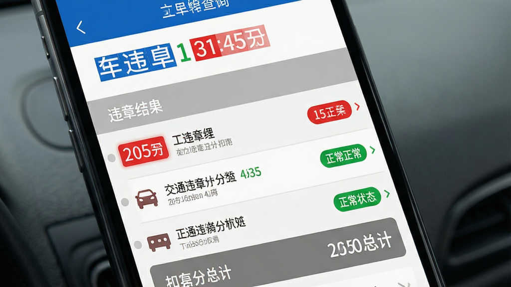 交通违章扣分指南违章查询功能界面,主体为手机屏幕展示查询结果页面,布局为顶部车牌信息、中间违章列表、底部扣分总计,排版信息层级分明,风格为清爽商务风,细节包括红色扣分数字高亮、绿色正常状态标识、灰色背景分区,画质清晰干净无多余元素