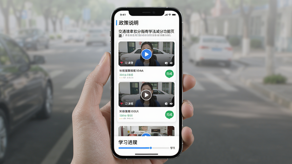 交通违章扣分指南学法减分功能页面,主体为手机屏幕展示学习课程列表,布局为顶部政策说明、中间视频课程卡片、底部学习进度条,排版整齐有序,风格为清新教育风,细节包括蓝色学习按钮、绿色完成标识、白色卡片背景,画质高清干净无多余元素