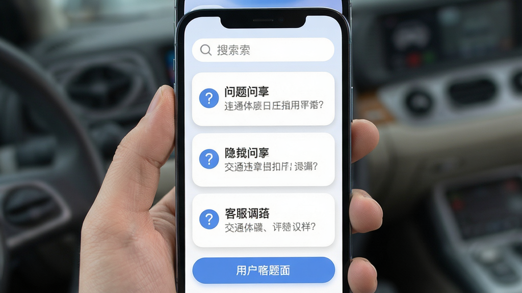 交通违章扣分指南用户问答界面,主体为手机屏幕展示常见问题列表,布局为顶部搜索框、中间问答卡片、底部客服入口,排版清晰易读,风格为柔和圆角设计,细节包括蓝色问号图标、灰色问题文字、白色卡片背景,画质高清干净无多余元素