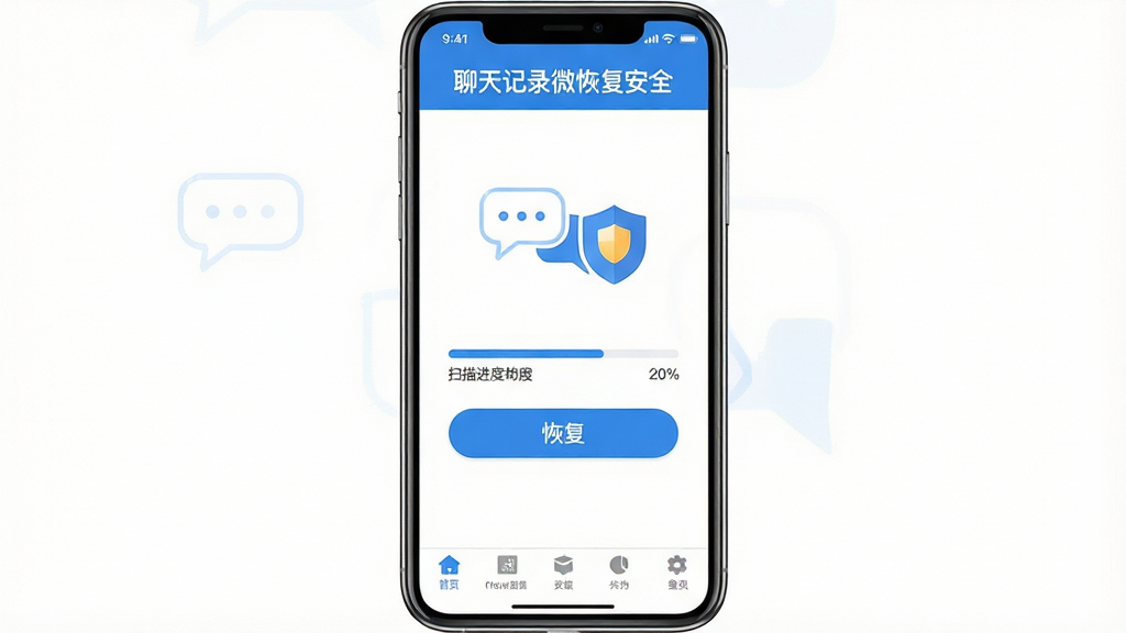 聊天记录微恢复安全软件主界面,手机屏幕居中展示,顶部为软件名称