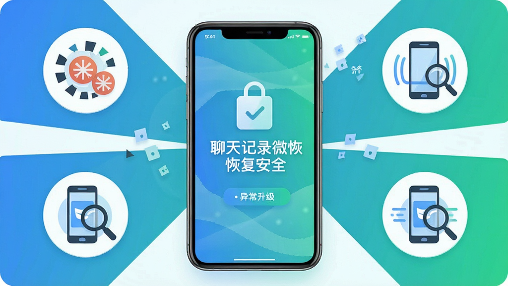 聊天记录微恢复安全功能展示图,画面中央为手机界面,显示