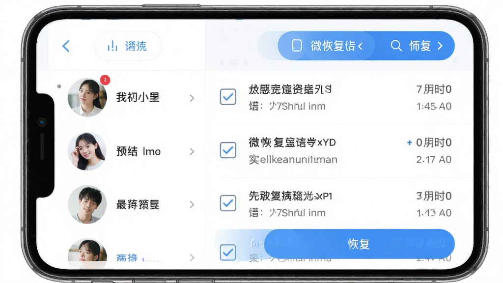 聊天记录微恢复安全预览筛选界面,手机屏幕展示聊天记录列表,左侧为联系人头像与名称,右侧为聊天摘要与时间,顶部有筛选按钮,布局为上下结构,清新浅色风格,白底蓝字,细节包含复选框与恢复按钮,高清画质,画面干净,无多余元素