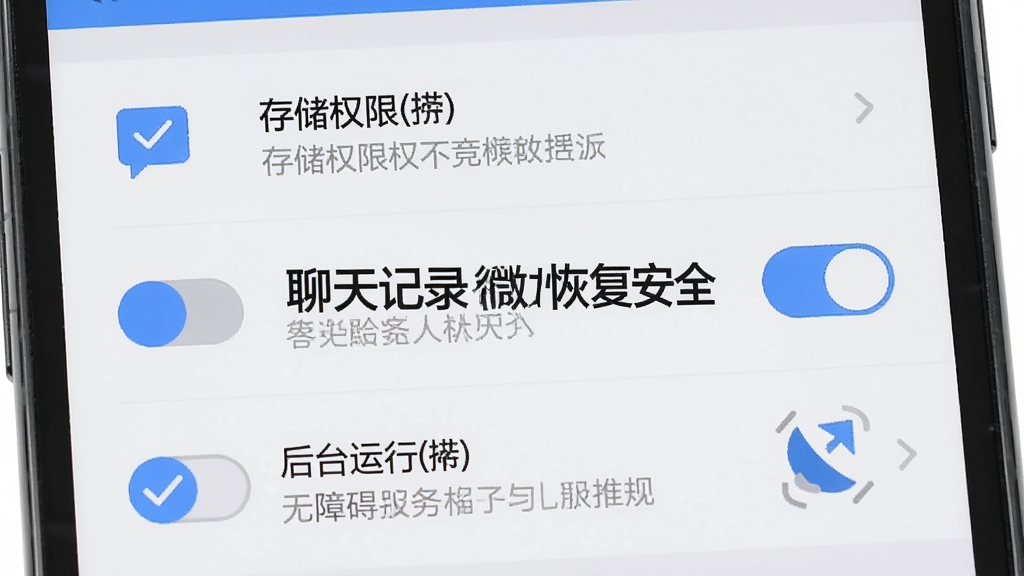 聊天记录微恢复安全新手操作示意图,手机屏幕展示权限设置页面,页面中央有