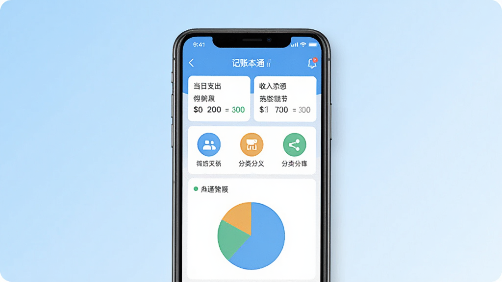 记账一本通软件主界面预览图,画面中央展示一部智能手机,手机屏幕上显示记账一本通的首页界面,包含当日支出、收入汇总、分类图标和饼状图,背景为浅蓝色渐变,风格简洁清新,细节清晰,画质干净,无多余元素