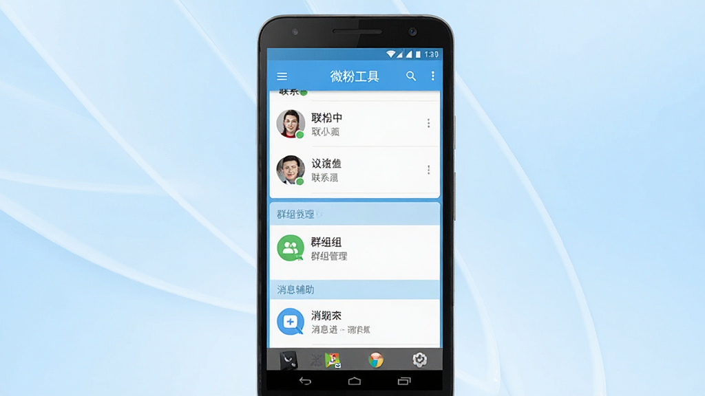 一张竖版手机应用界面展示图,画面中央放置一部安卓手机,屏幕内呈现“微粉工具”主界面,包含联系人列表、群组管理与消息辅助三大模块入口,背景为干净的浅蓝色渐变,整体风格简洁商务,细节清晰,画质干净,无多余元素
