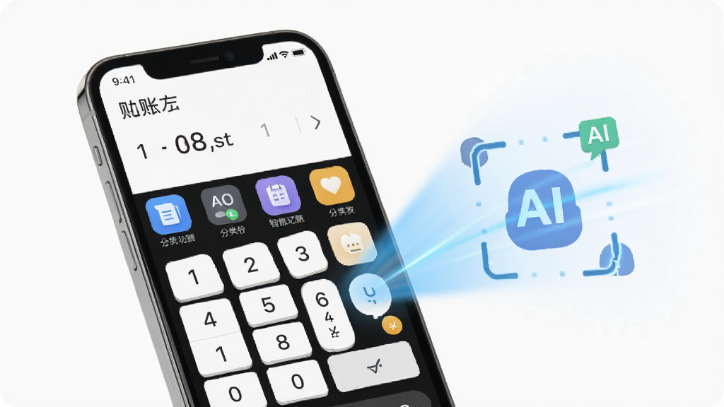 记账一本通智能分类记账功能展示图,画面中一部手机屏幕显示记账输入界面,金额数字键盘和分类图标排列整齐,旁边有AI自动识别的光效,背景为白色简约风格,细节清晰,画质干净,无多余元素