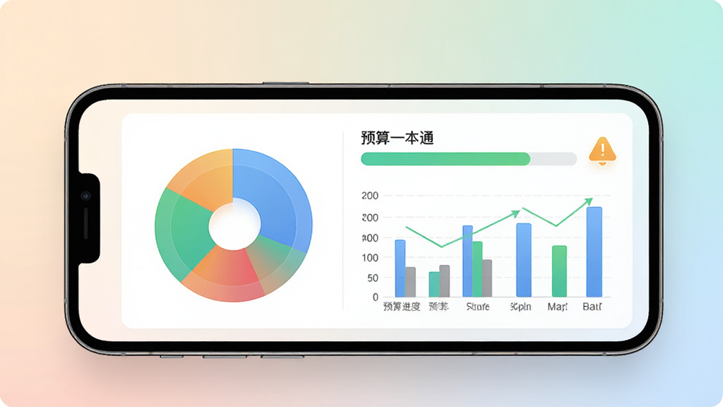 记账一本通预算预警与图表分析界面图,画面中手机屏幕显示彩色饼图和柱状图,旁边有预算进度条和提醒图标,背景为柔和渐变,风格现代,细节清晰,画质干净,无多余元素