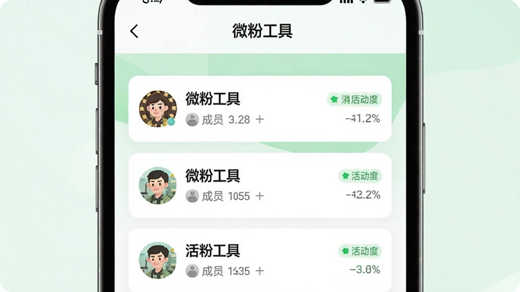 一部手机显示“微粉工具”群组管理页面,界面中列出多个群聊卡片,每张卡片显示群名称、成员数量与活跃度标识,布局为纵向列表,背景为白色与浅绿色搭配,风格清新,画质清晰,无多余元素