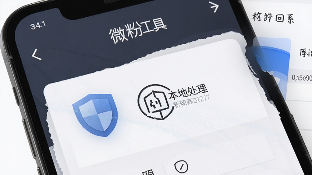 手机屏幕展示“微粉工具”隐私与数据设置页面,画面中有盾牌图标与本地处理标识,界面采用深灰与蓝色调,简洁稳重,布局清晰,画质干净,无多余元素