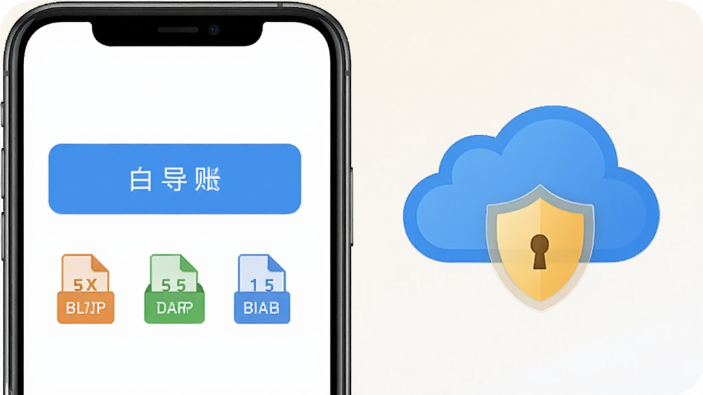 记账一本通数据导出与备份功能图,画面展示手机屏幕中导出按钮和文件格式图标,旁边有云朵和盾牌符号代表安全备份,背景为浅色,风格简约,细节清晰,画质干净,无多余元素