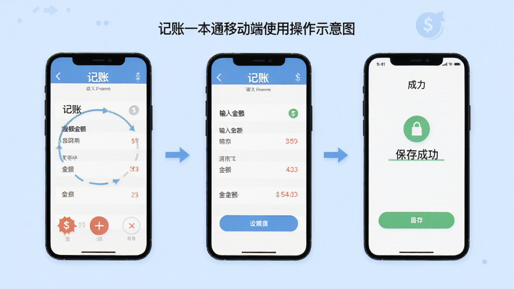 记账一本通移动端使用操作示意图,画面中一部手机展示记账步骤分解,从点击加号到输入金额再到保存成功,背景为浅蓝色,风格扁平化,细节清晰,画质干净,无多余元素