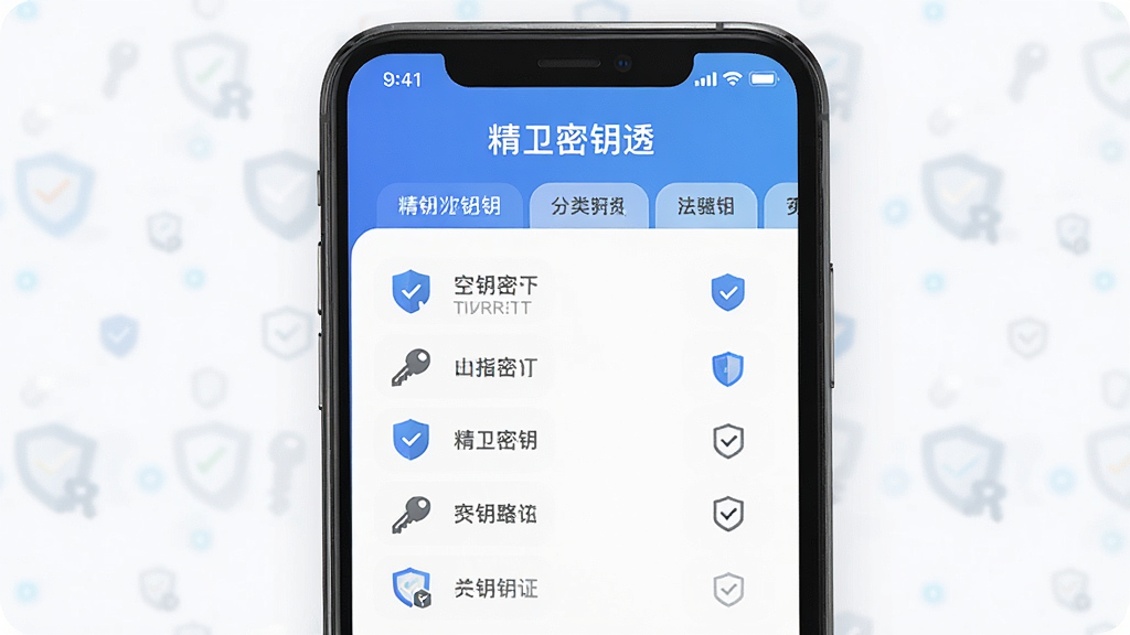 精卫密钥透软件主界面展示图,主体为一部智能手机屏幕,屏幕上显示精卫密钥透应用界面,界面包含密钥列表与分类标签,布局为手机正面竖屏展示,排版简洁清晰,风格为现代科技感扁平化设计,细节包含钥匙图标与盾牌安全标识,画质高清,干净,无多余元素,图片中文字“精卫密钥透”